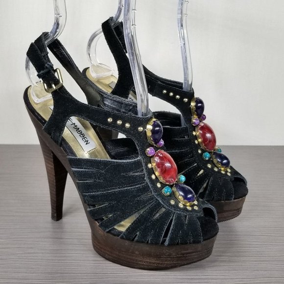 Steve Madden Tifanny Jewelled Platform Heels, Black Suede, Womens Size 5.5 M - Picture 3 of 11